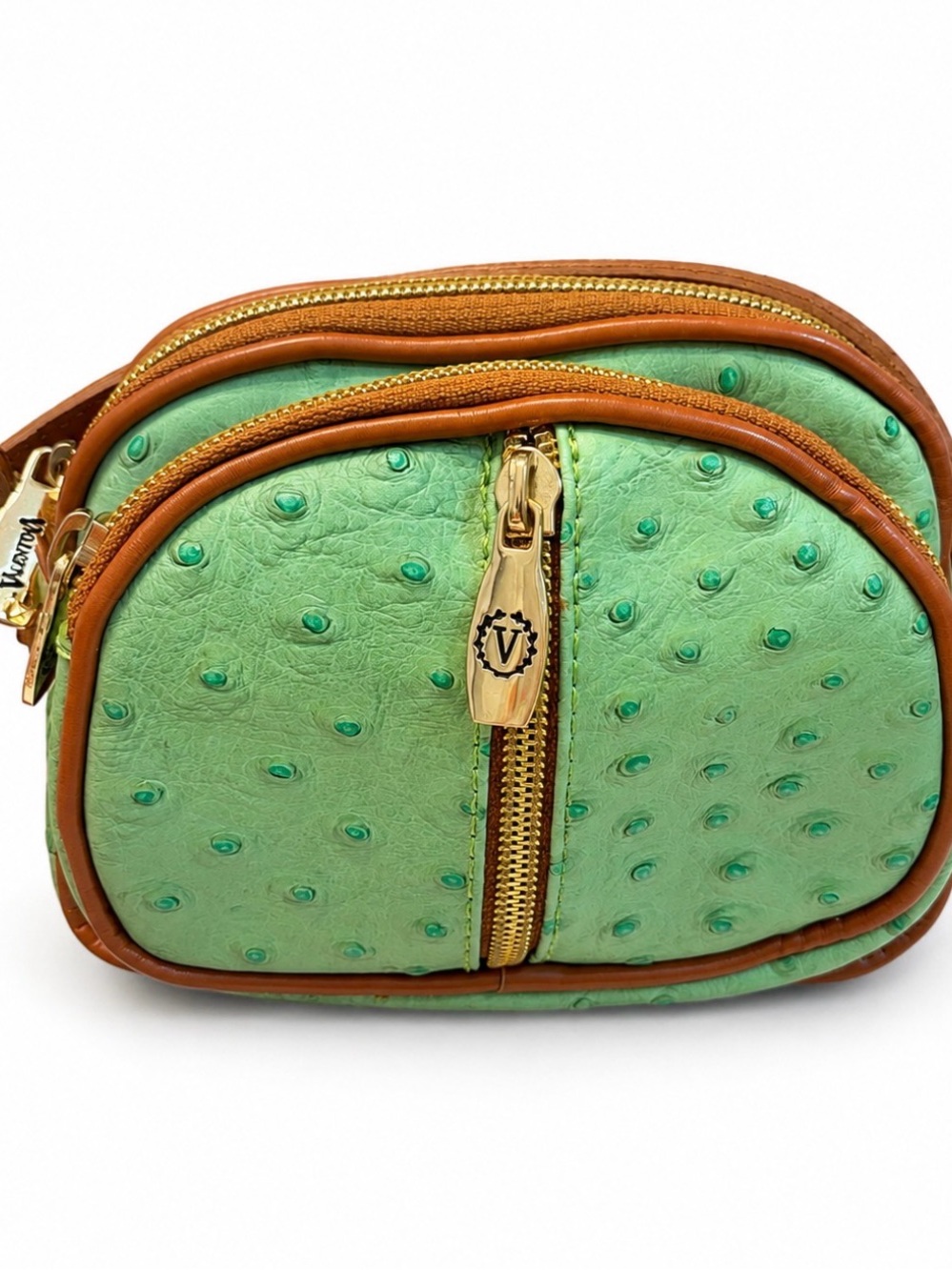 Valentina Ostrich embossed Mint Green and Tan Crossbody with Gold Zipper